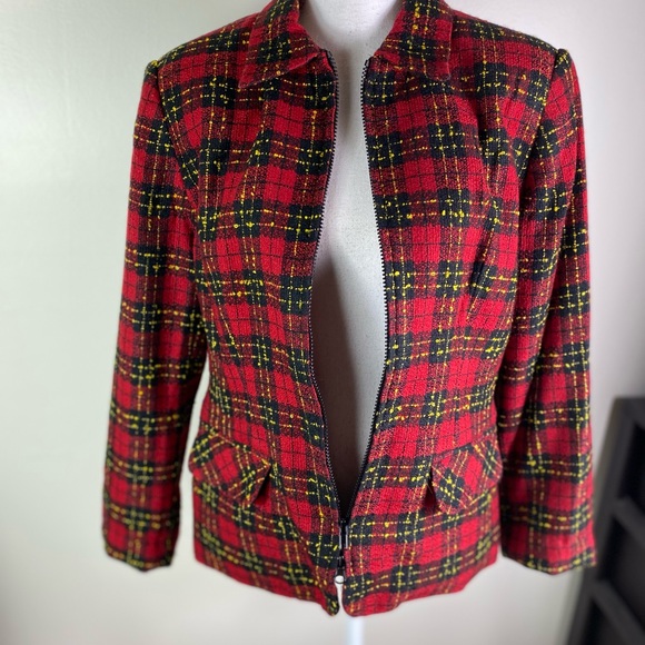 Sag Harbor women vintage full zip plaid lined knit blazer Sz 12 pockets red - Picture 6 of 8